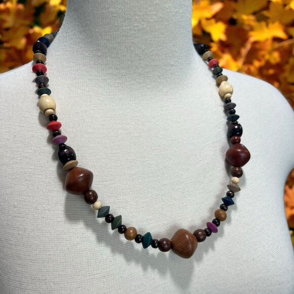 Retro Multicolor Beaded Necklace Natural Wood & Resin Artisan Boho Chic Festival - Picture 1 of 6